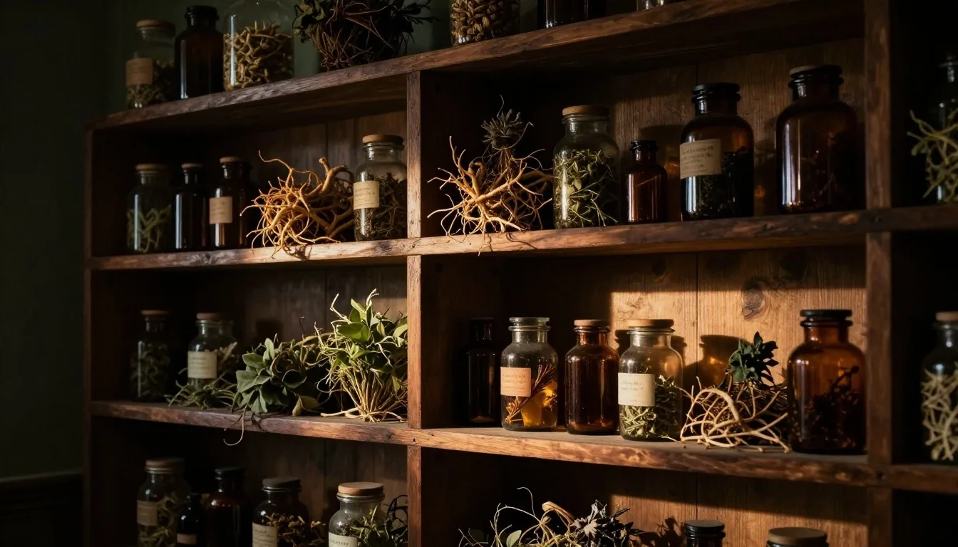 Dark botanical apothecary with dried herbs on wooden shelves lit by a single warm beam
