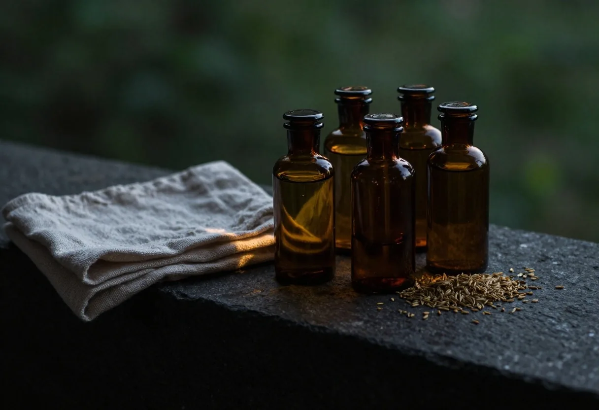 Dark apothecary shelf with supplement jars lit by warm beam