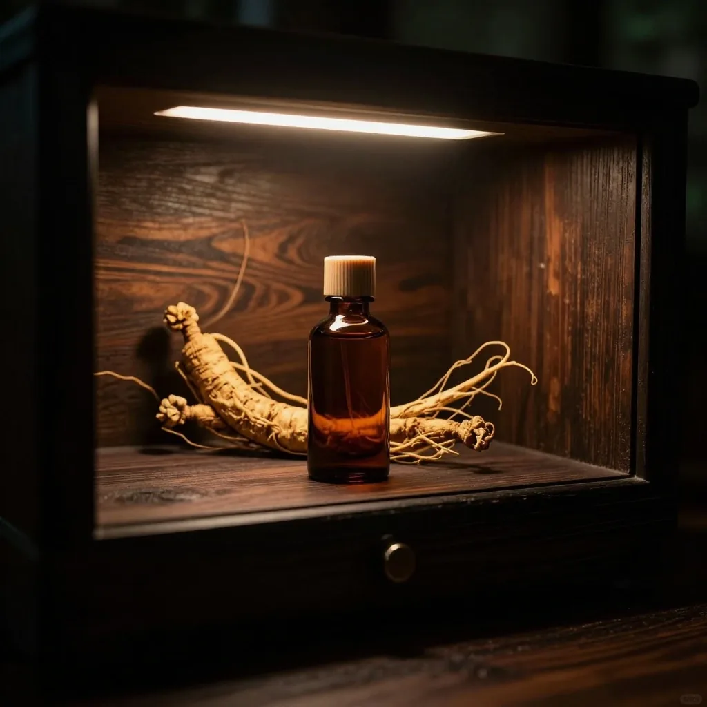 Dark supplement bottle on an engraved shelf