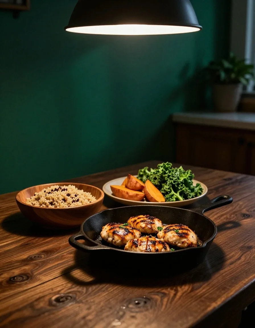Fresh whole foods including lean protein, vegetables, and grains on a dark wooden table