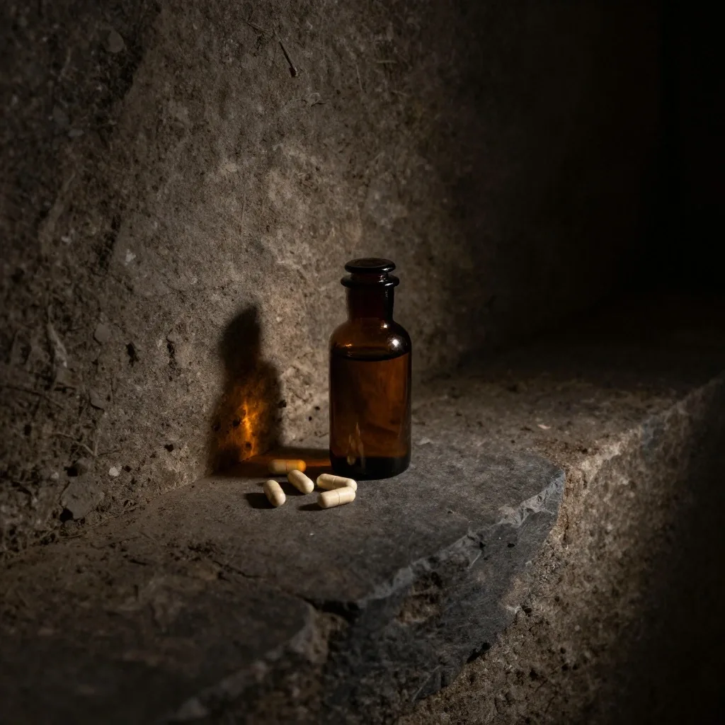 L-arginine capsules bottle on dark shelf