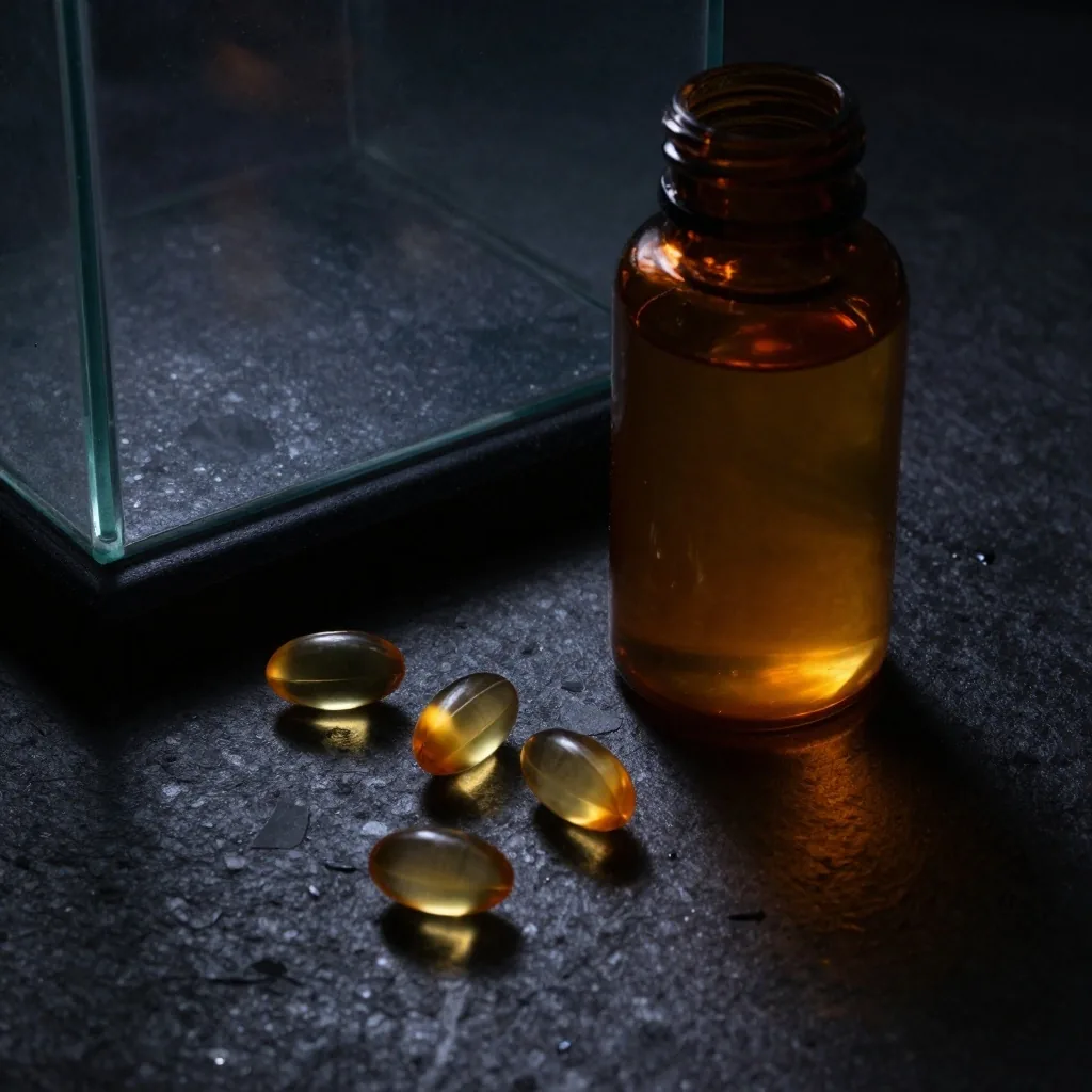 Omega-3 fish oil softgels bottle on dark shelf