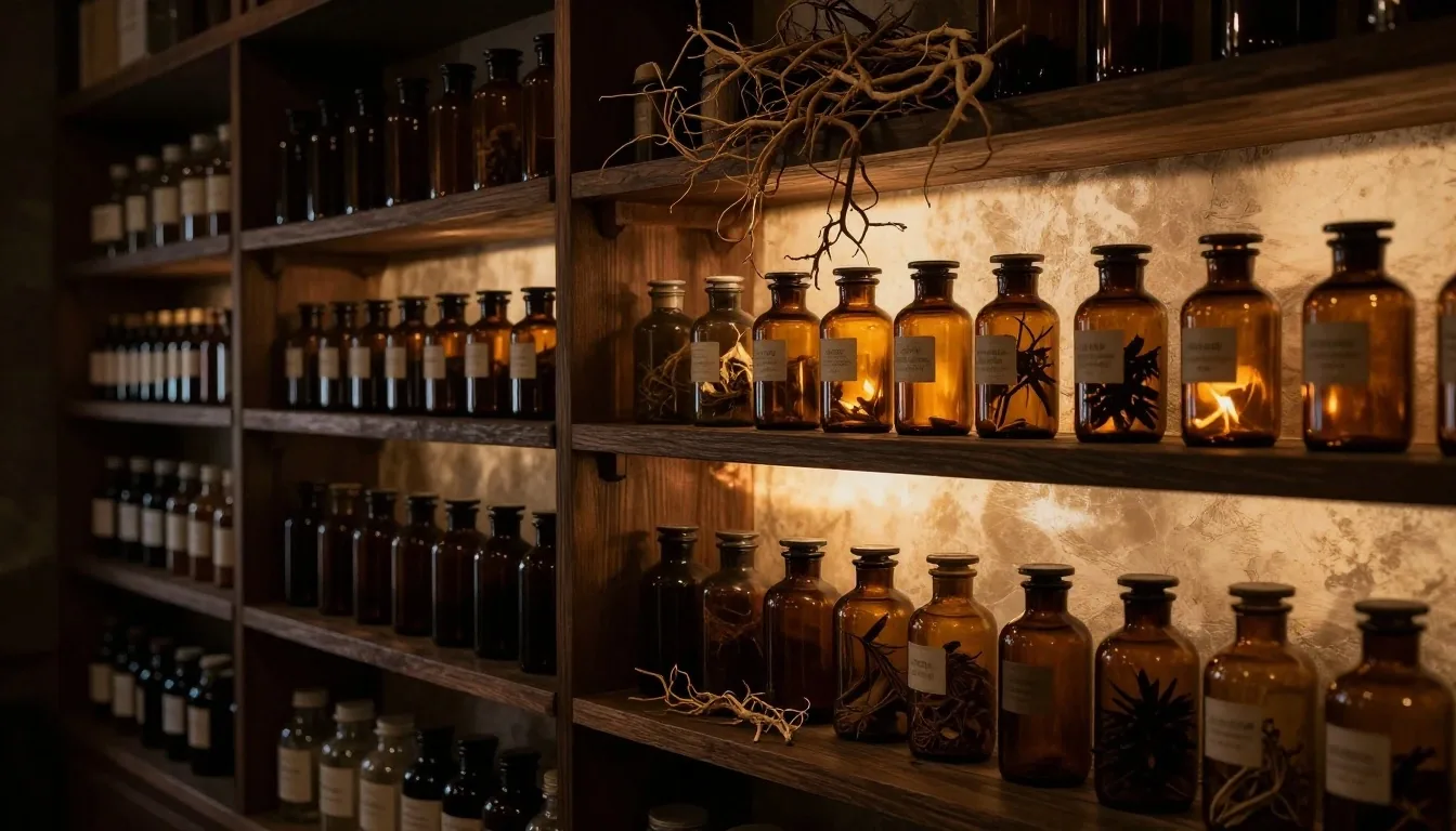 Dark apothecary shelves with supplement jars lit by a warm beam