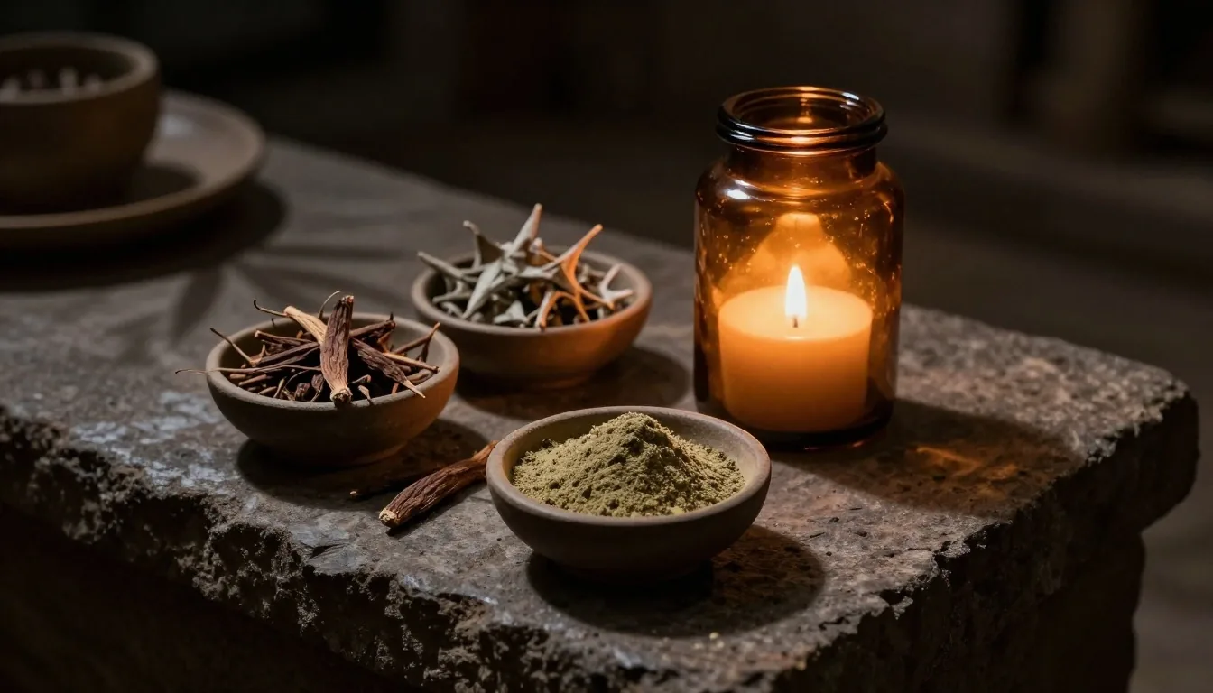 Dark botanical apothecary shelf with dried herbs and a single lit amber jar